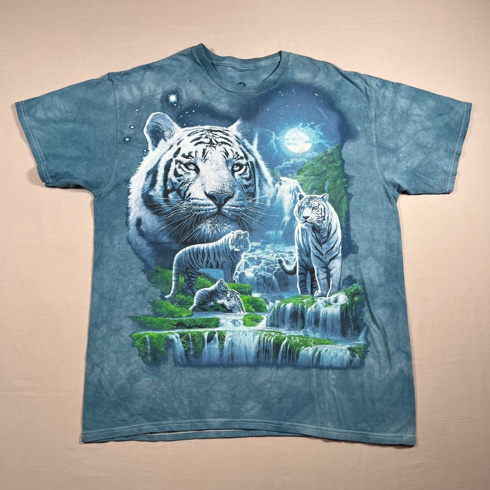 Liquid Blue White Tiger Waterfall Tie Dye Graphic T-Shirt Mens Large Blue Nature